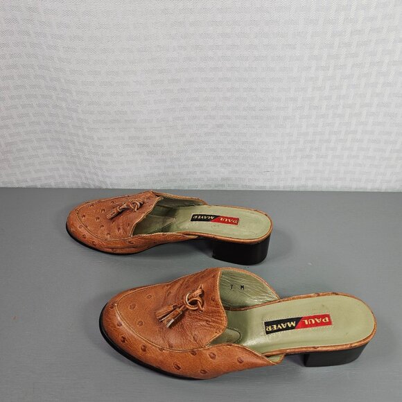 Vintage Paul Mayer Tan Ostrich Leather Low Heel Tassel Mules Size 7 - Picture 6 of 12